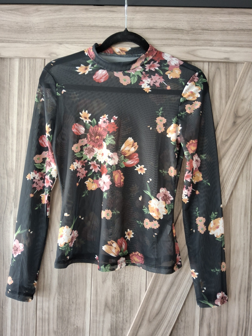 Floral Mesh Long Sleeve Blouse - Black